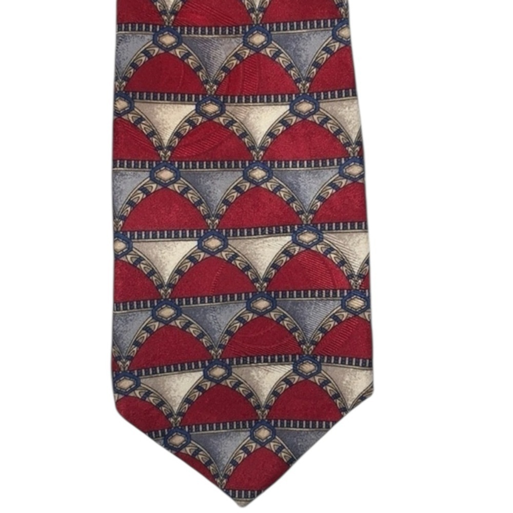 LOUIS FERAUD Burgundy, Cream, Navy Blue and Gray Silk Necktie